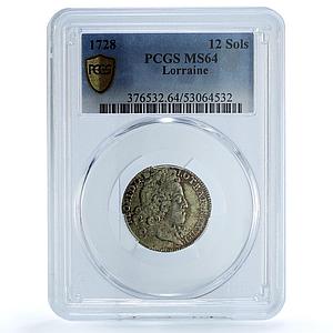 France Lorraine 12 sols Leopold I Bd-1584 MS 64 PCGS billon coin 1728