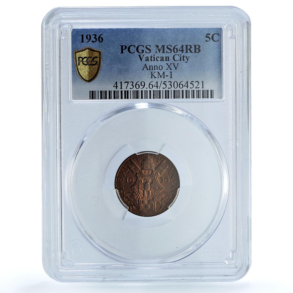 Vatican 5 centesimi Pius XI KM-1 Bermann-3361 Olive MS 64 PCGS bronze coin 1936 Vatican 5 centesimi Pius XI KM-1 Bermann-3361 Olive MS 64 PCGS bronze coin 1936