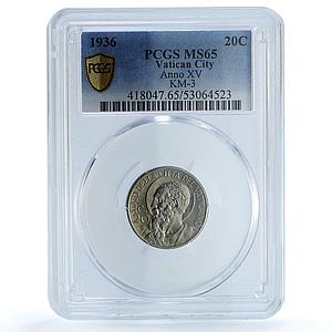 Vatican 20 centesimi Pius XI KM-3 Berman-3359 St. Peter MS 65 PCGS Ni coin 1936