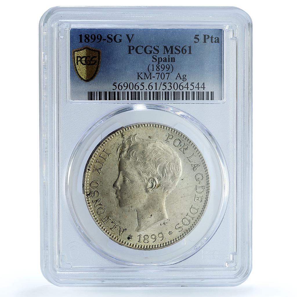 Spain 5 pesetas Alfonso XIII KM-707 Cal-28 MS 61 PCGS silver coin 1899 SG V Spain 5 pesetas Alfonso XIII KM-707 Cal-28 MS 61 PCGS silver coin 1899 SG V