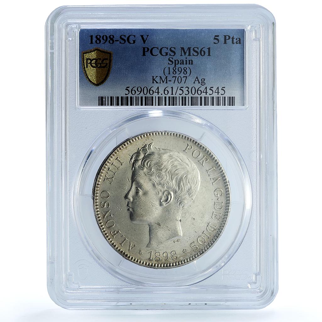 Spain 5 pesetas Alfonso XIII KM-707 Cal-27 MS 61 PCGS silver coin 1898 SG V Spain 5 pesetas Alfonso XIII KM-707 Cal-27 MS 61 PCGS silver coin 1898 SG V