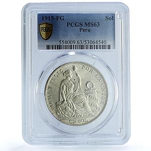 Peru 1 sol Republic KM-196.26 Seated Liberty MS 63 PCGS silver coin 1915 FG