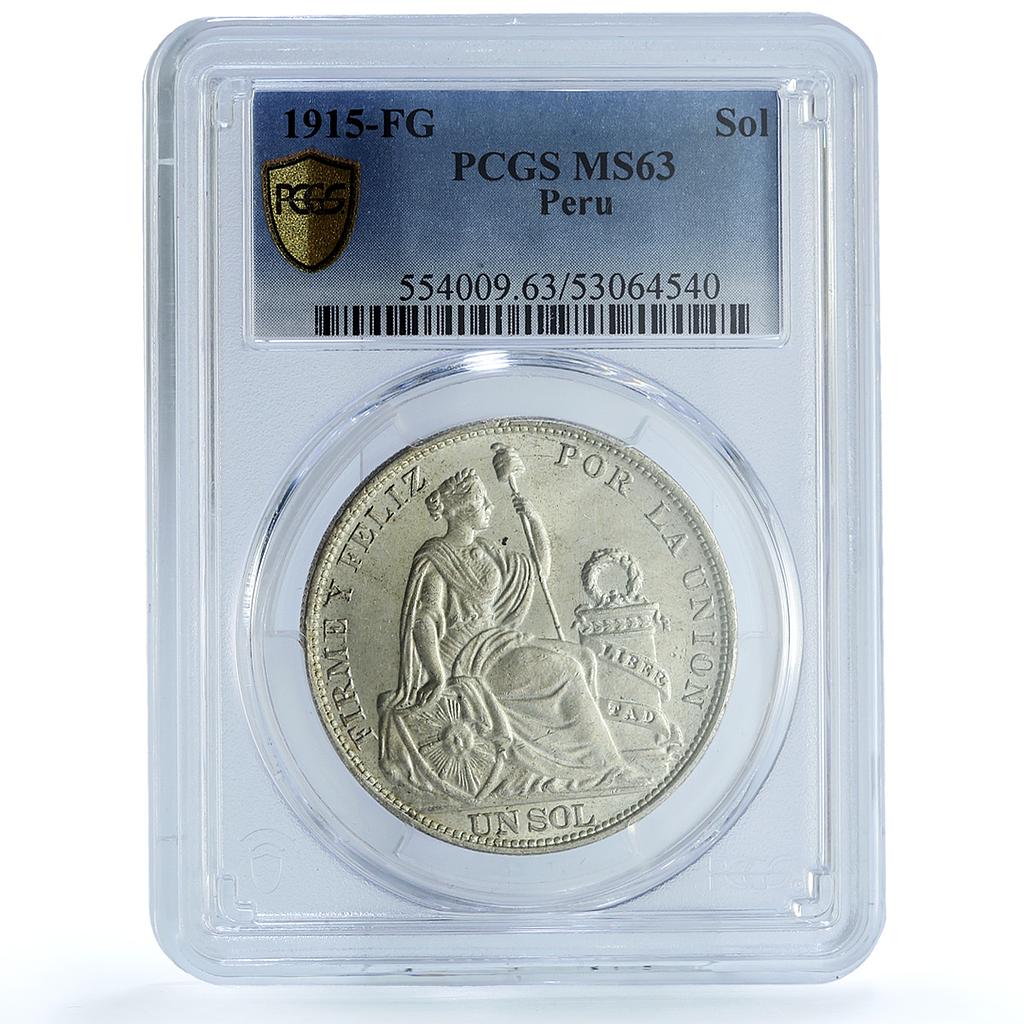 Peru 1 sol Republic KM-196.26 Seated Liberty MS 63 PCGS silver coin 1915 FG