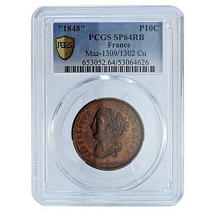 France 10 centimes Second Republic Pattern Boivin Maz-1310 SP 64 PCGS coin 1848