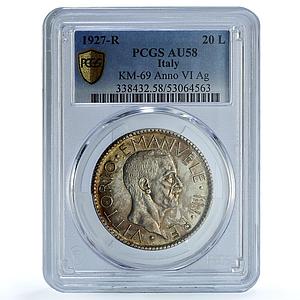 Italy 20 lire Victor Emmanuel III KM-69 AU 58 PCGS silver coin 1927 R