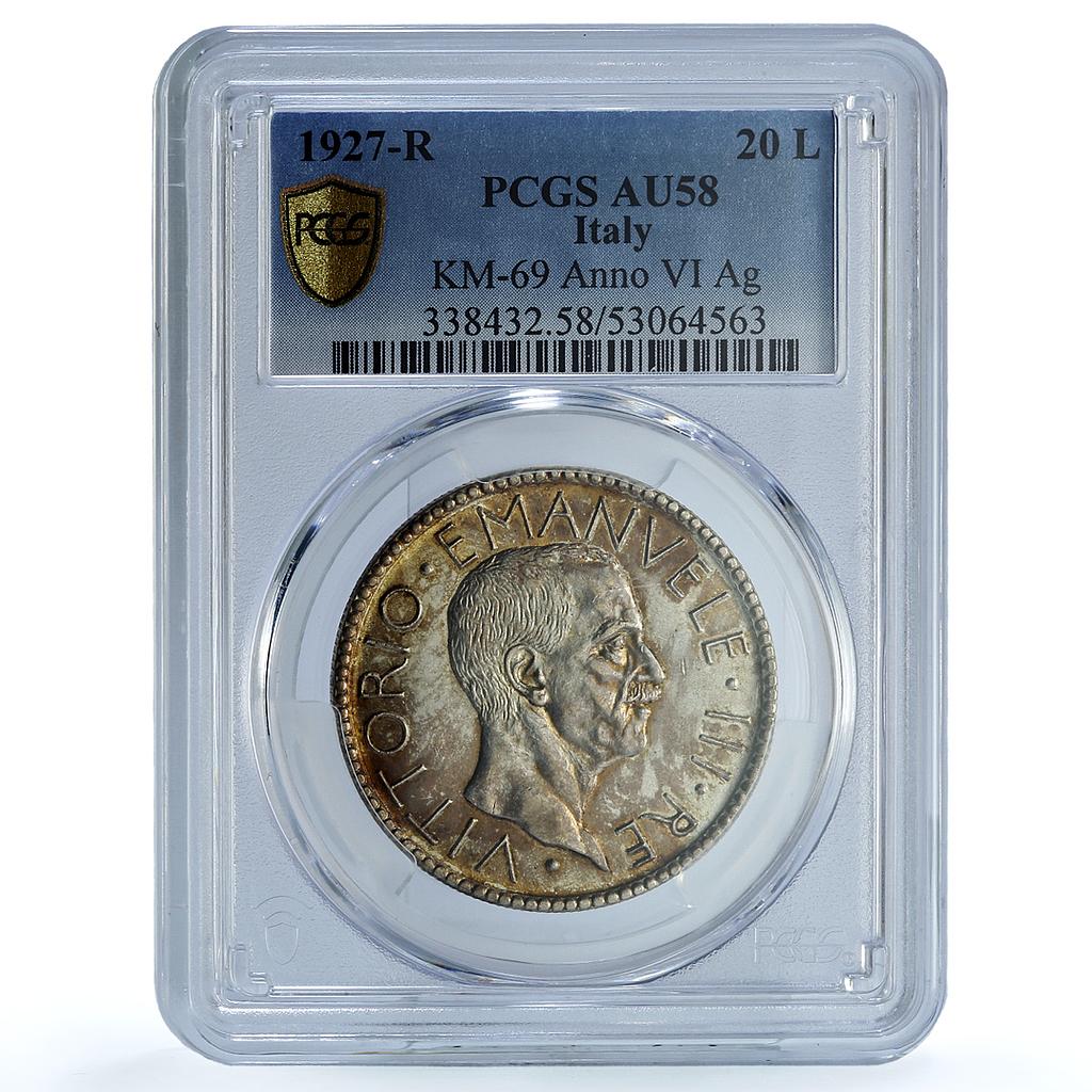 Italy 20 lire Victor Emmanuel III KM-69 AU 58 PCGS silver coin 1927 R Italy 20 lire Victor Emmanuel III KM-69 AU 58 PCGS silver coin 1927 R