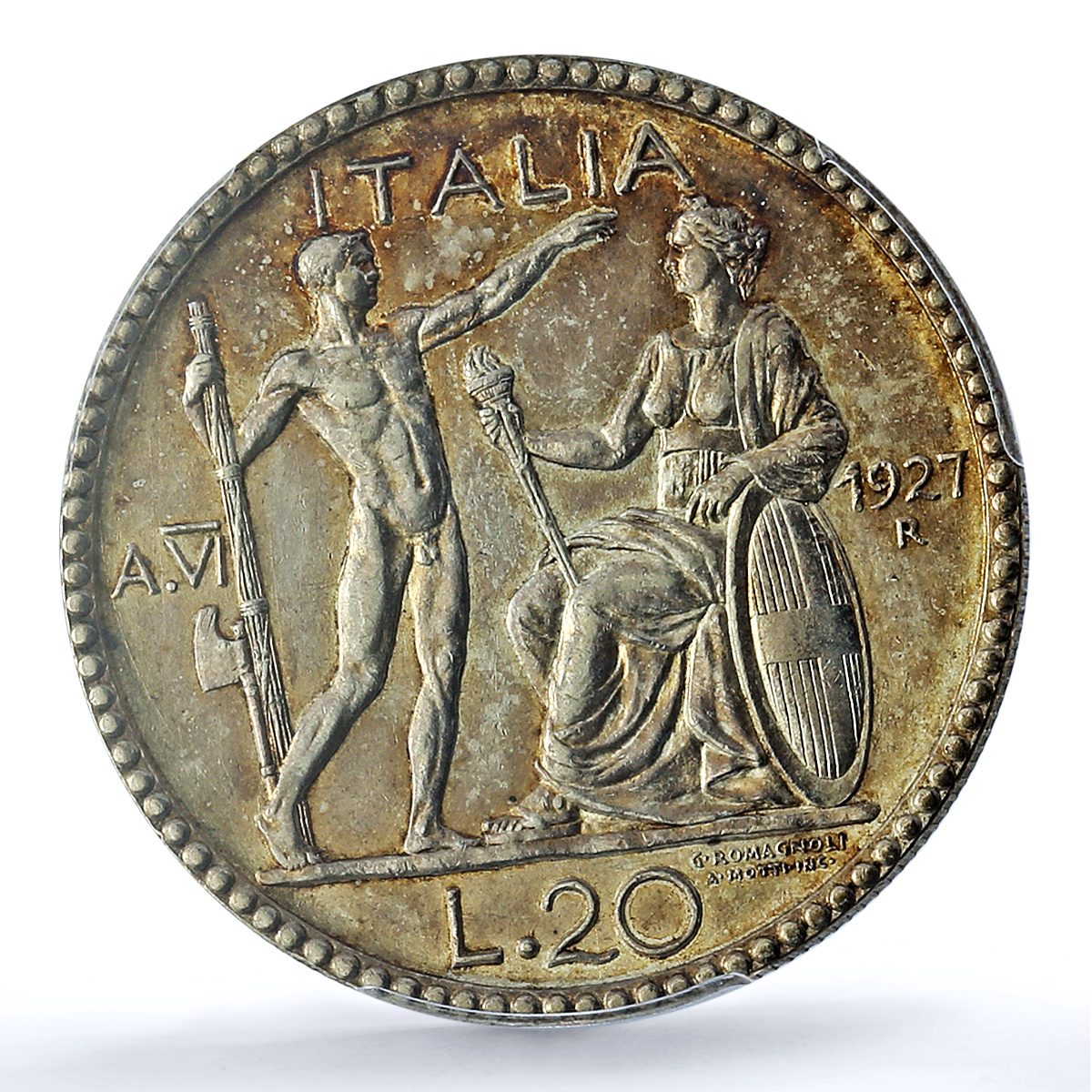 Italy 20 lire Victor Emmanuel III KM-69 AU 58 PCGS silver coin 1927 R Italy 20 lire Victor Emmanuel III KM-69 AU 58 PCGS silver coin 1927 R