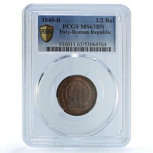 Roman Republic Italy 1/2 baiocco KM-21 Bermann-3130 MS 63 PCGS copper coin 1849