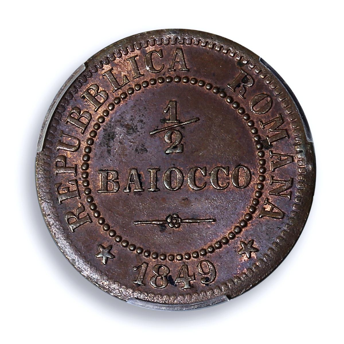 Roman Republic Italy 1/2 baiocco KM-21 Bermann-3130 MS 63 PCGS copper coin 1849 Roman Republic Italy 1/2 baiocco KM-21 Bermann-3130 MS 63 PCGS copper coin 1849