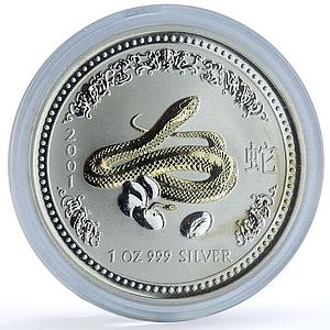 Australia 1 dollar Year Snake Gilt KM-536 Lunar Series 1 silver coin 2001
