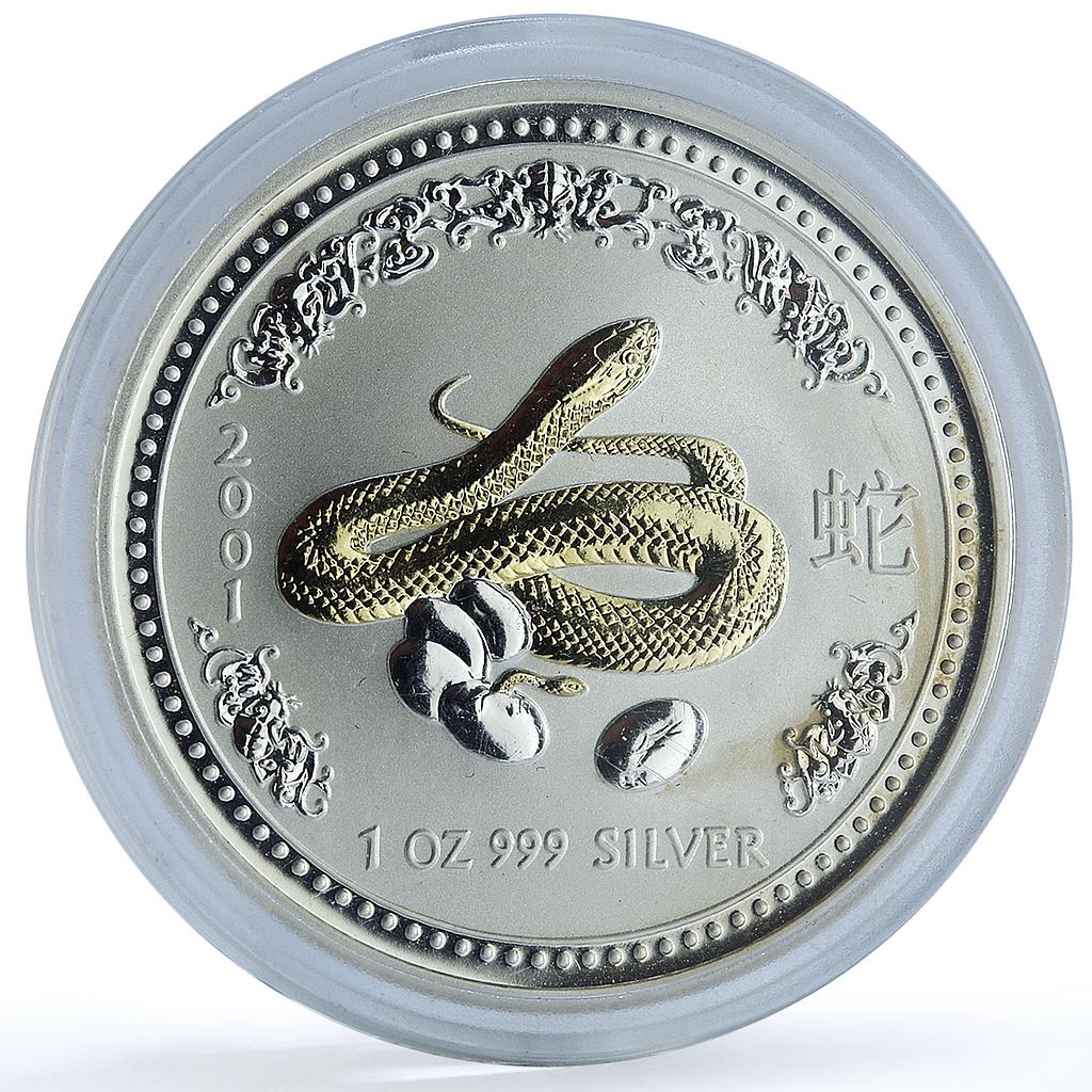 Australia 1 dollar Year Snake Gilt KM-536 Lunar Series 1 silver coin 2001 Australia 1 dollar Year Snake Gilt KM-536 Lunar Series 1 silver coin 2001