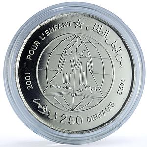 Morocco 250 dirhams Children Day Y#95 UNICEF Globe BU silver coin 2001