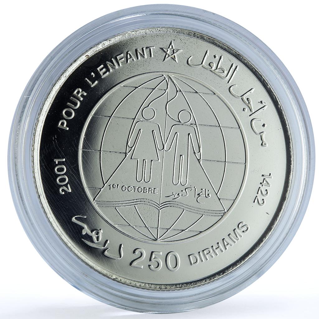 Morocco 250 dirhams Children Day Y#95 UNICEF Globe BU silver coin 2001