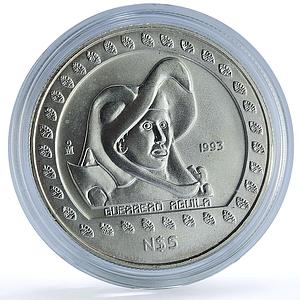 Mexico 5 pesos Guerrero Aguila KM-646 Precolombina Aztec silver coin 1993