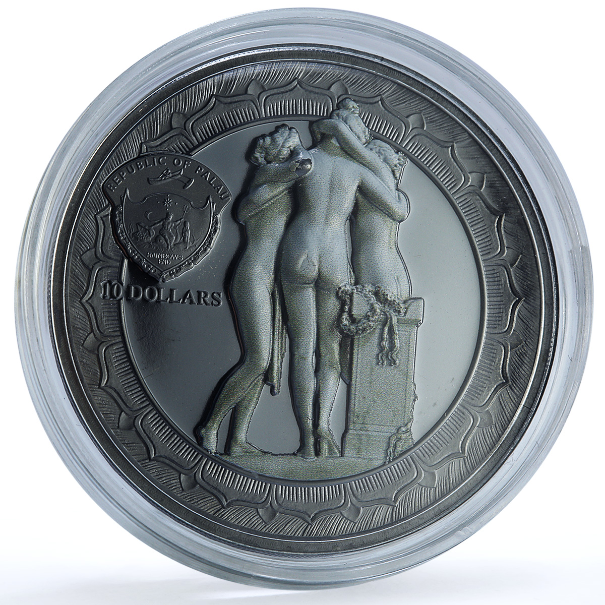 Palau 10 dollars Tre Grazie Damaged Enamel KM-859 Art 2 oz silver coin 2020 Palau 10 dollars Tre Grazie Damaged Enamel KM-859 Art 2 oz silver coin 2020