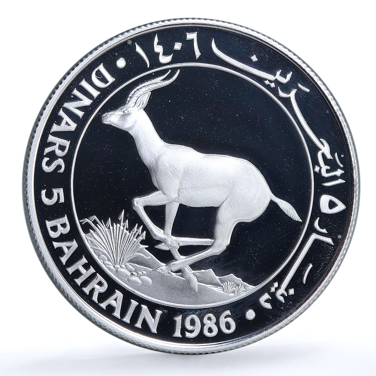 Bahrain 5 dinars WWF Wildlife Fund KM-13 Fauna Oryx Gemsbok silver coin 1986 Bahrain 5 dinars WWF Wildlife Fund KM-13 Fauna Oryx Gemsbok silver coin 1986