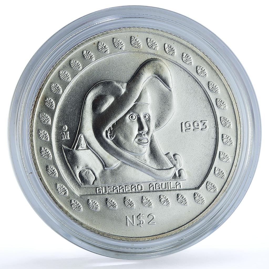 Mexico 2 pesos Guerrero Aguila KM-645 Precolombina Aztec silver coin 1993 Mexico 2 pesos Guerrero Aguila KM-645 Precolombina Aztec silver coin 1993