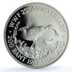Thailand 200 baht WWF Wildlife Fund Y#206 Fauna Pheasant Bird silver coin 1987
