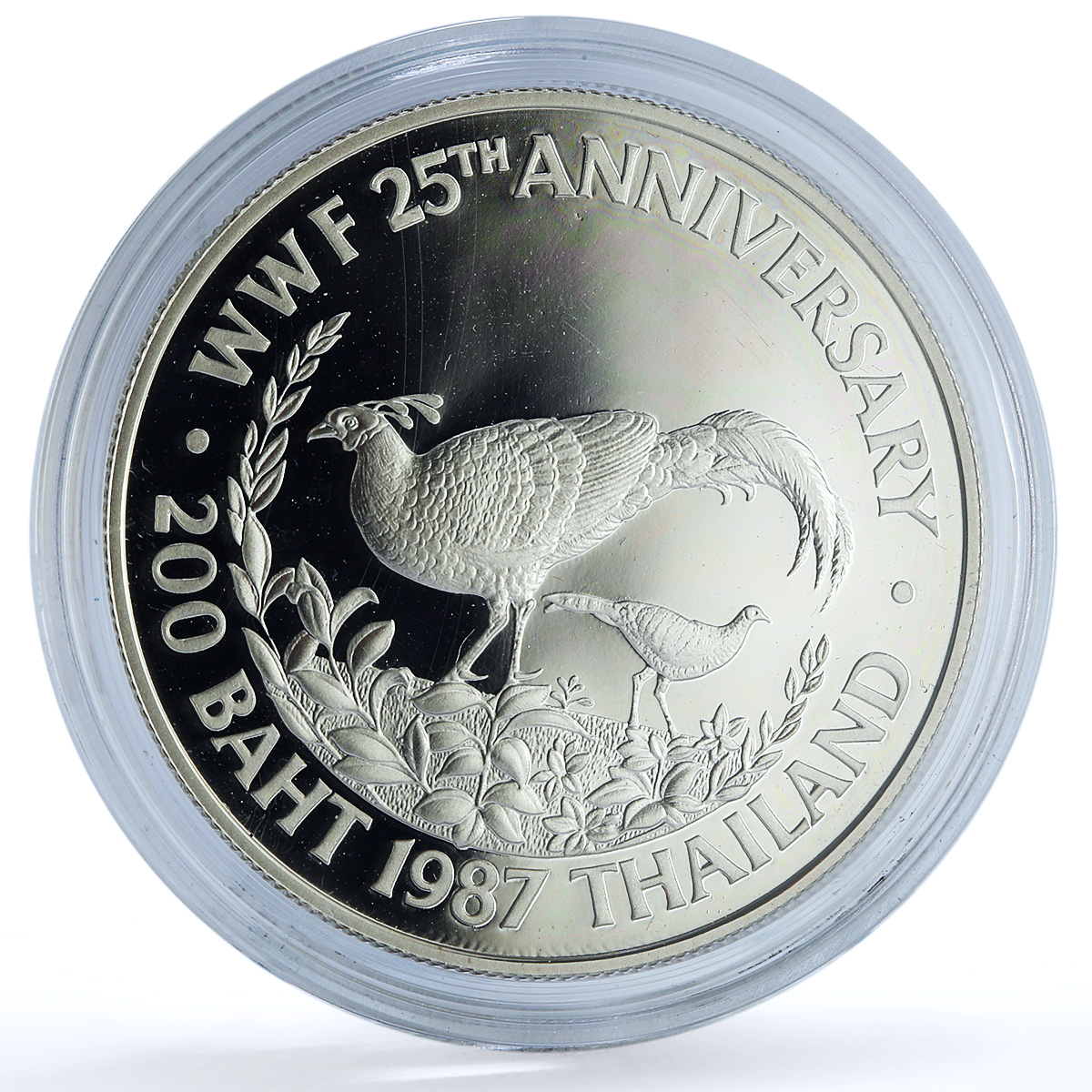 Thailand 200 baht WWF Wildlife Fund Y#206 Fauna Pheasant Bird silver coin 1987