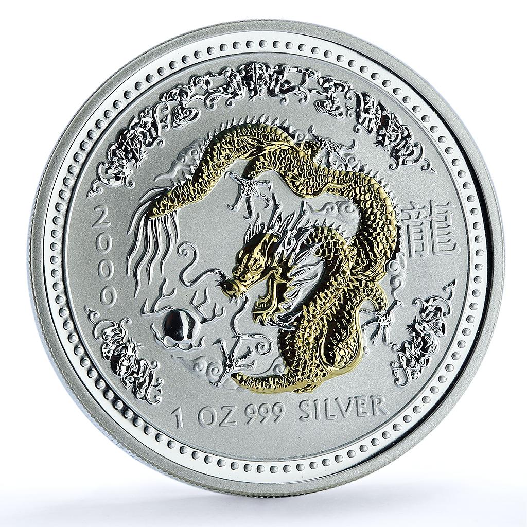 Australia 1 dollar Year Dragon Gilt KM-424 Lunar Series 1 silver coin 2000 Australia 1 dollar Year Dragon Gilt KM-424 Lunar Series 1 silver coin 2000
