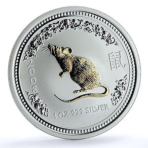 Australia 1 dollar Year Rat 2008 Gilt KM-1755b Lunar Mouse silver coin 2007