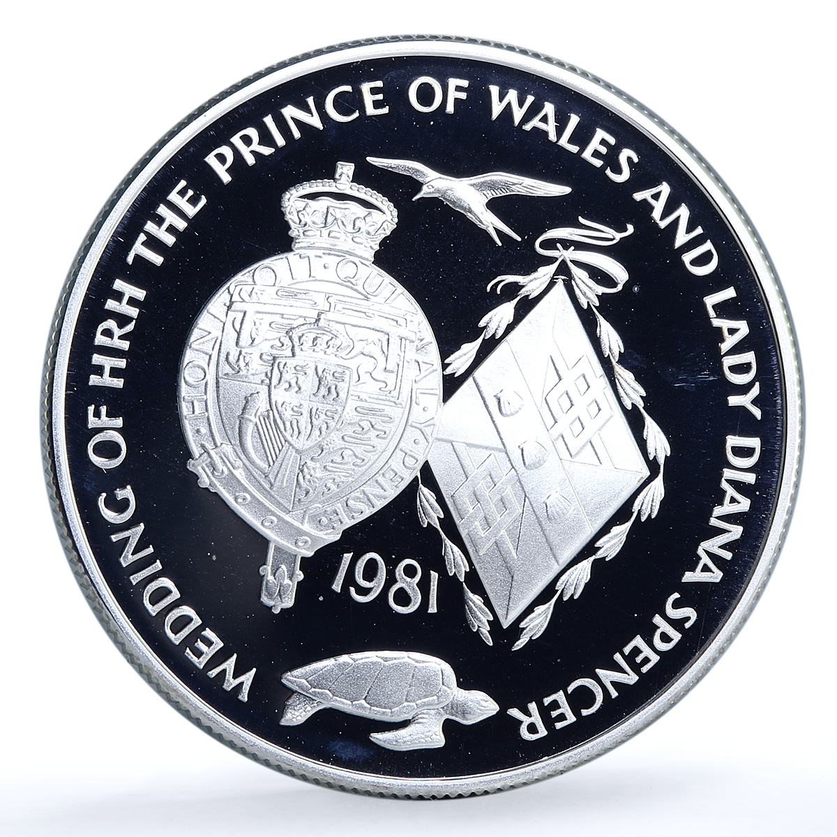 Ascension Island 25 pence Wedding KM-3a Charles Diana Turtle silver coin 1981