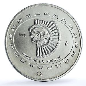 Mexico 2 pesos Disco Muerte KM-618 Precolombina Teotihuacan silver coin 1998