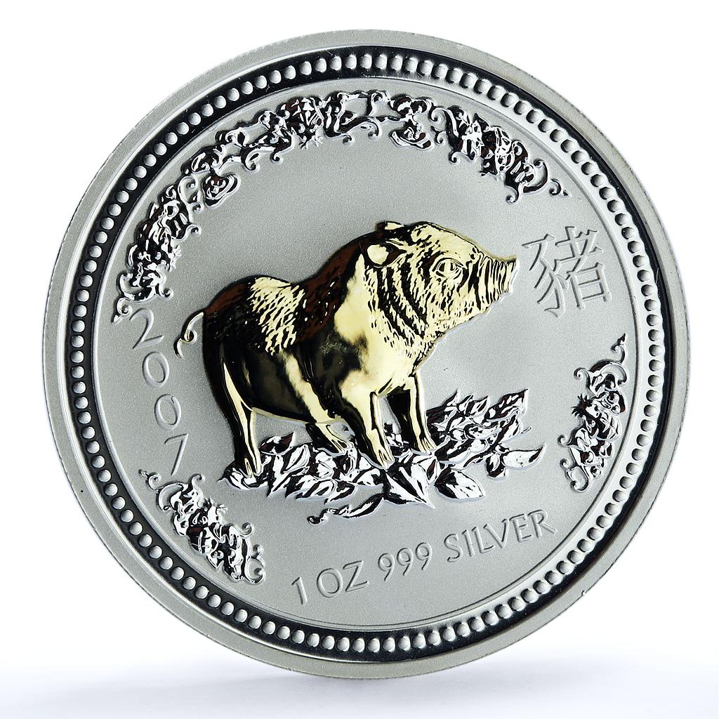 Australia 1 dollar Year Pig Gilt KM-1883 Lunar Series 1 silver coin 2007