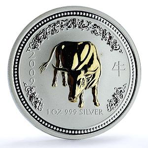 Australia 1 dollar Year Ox 2009 Gilt Lunar Series 1 Bull silver coin 2007