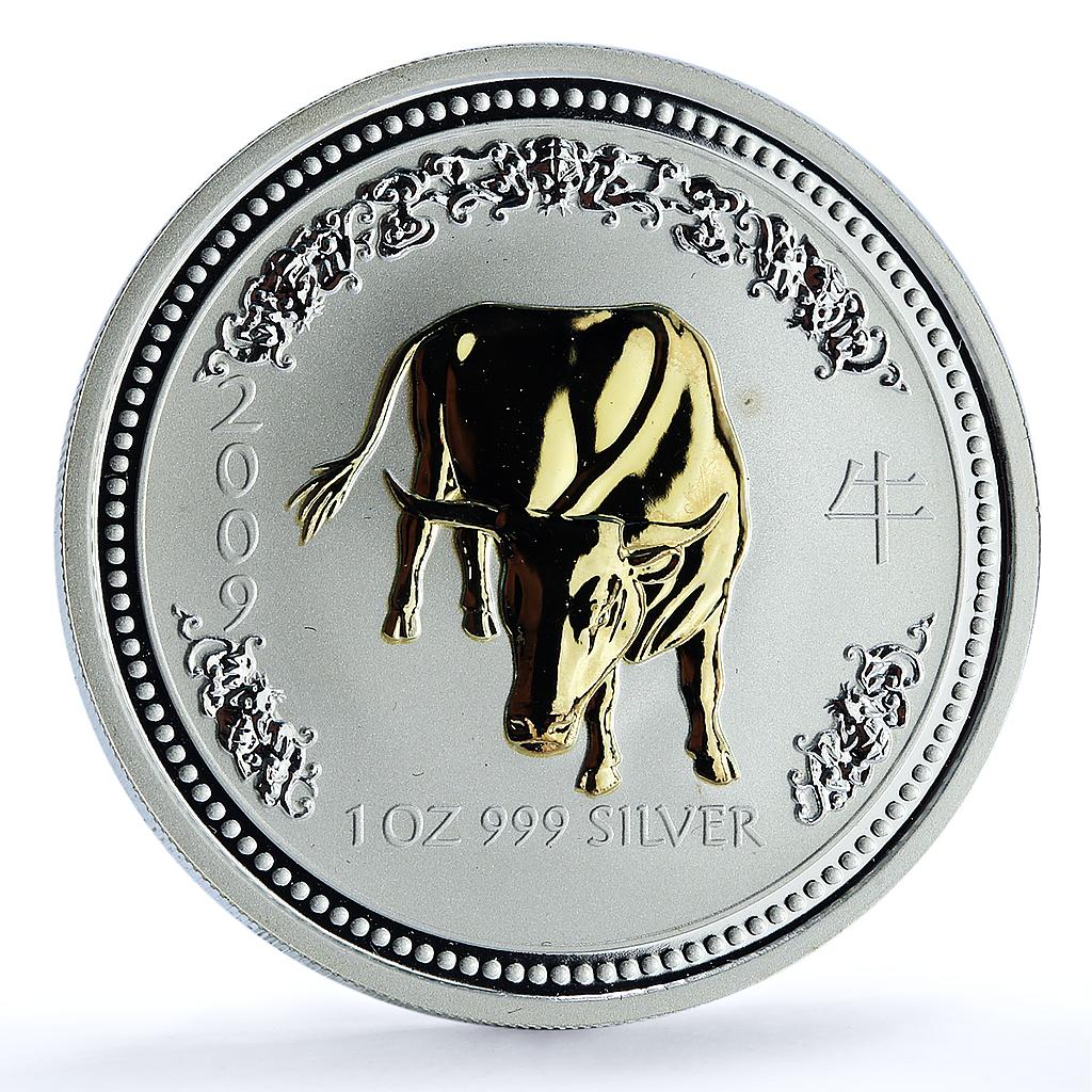 Australia 1 dollar Year Ox 2009 Gilt Lunar Series 1 Bull silver coin 2007