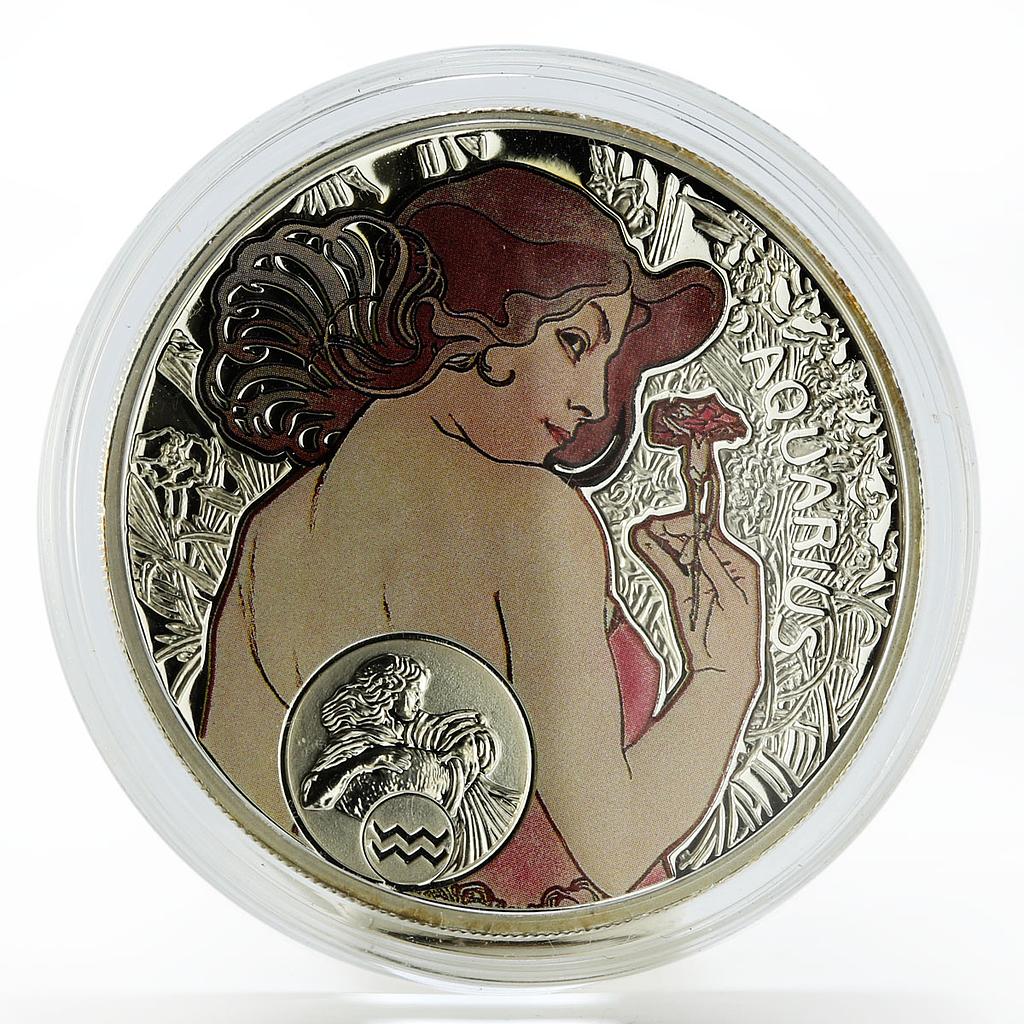 Niue 1 dollar Signs of the Zodiac Aquarius Mucha colored silver coin 2010