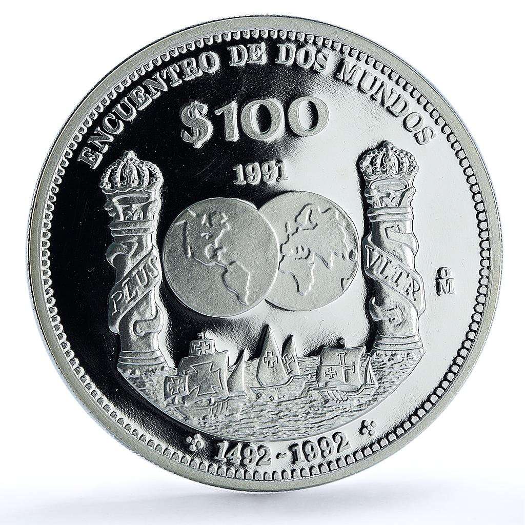 Mexico 100 pesos Columnaria KM-540 Ibero-American Ship silver coin 1991 Mexico 100 pesos Columnaria KM-540 Ibero-American Ship silver coin 1991