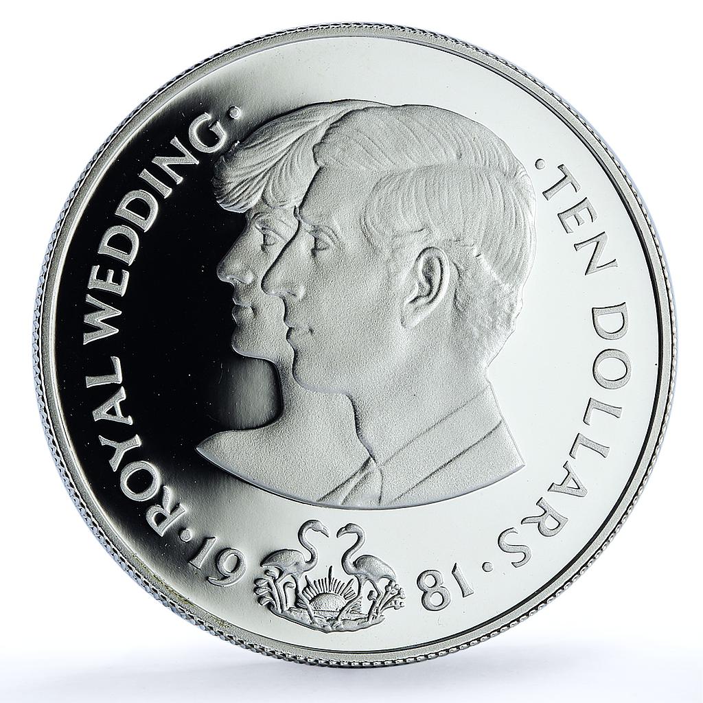 Bahamas 10 dollars Wedding KM-85 Charles Diana Flamingos proof silver coin 1981