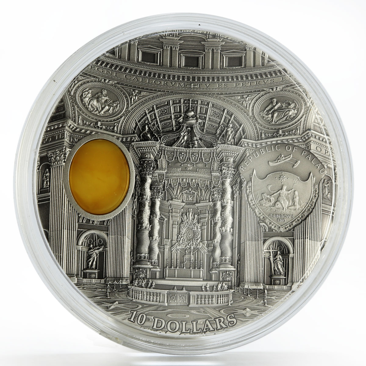 Palau 10 dollars St. Peter Basilica Rome with amber silver coin 2013