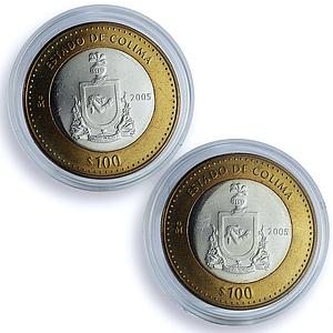 Mexico 100 pesos x 2 Set Colima State KM-729 Federation bimetal coins 2005