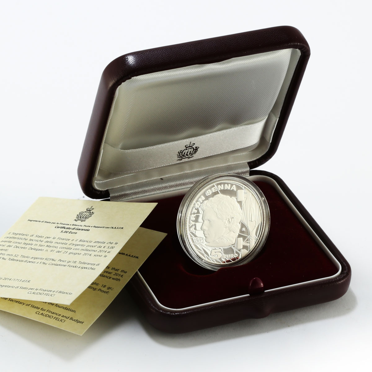 San Marino 5 euro 20th Anniversary of Ayrton Senna proof silver coin 2014