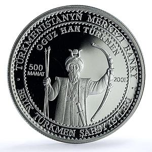 Turkmenistan 500 manat Oguz Khan KM-44 History proof silver coin 2001