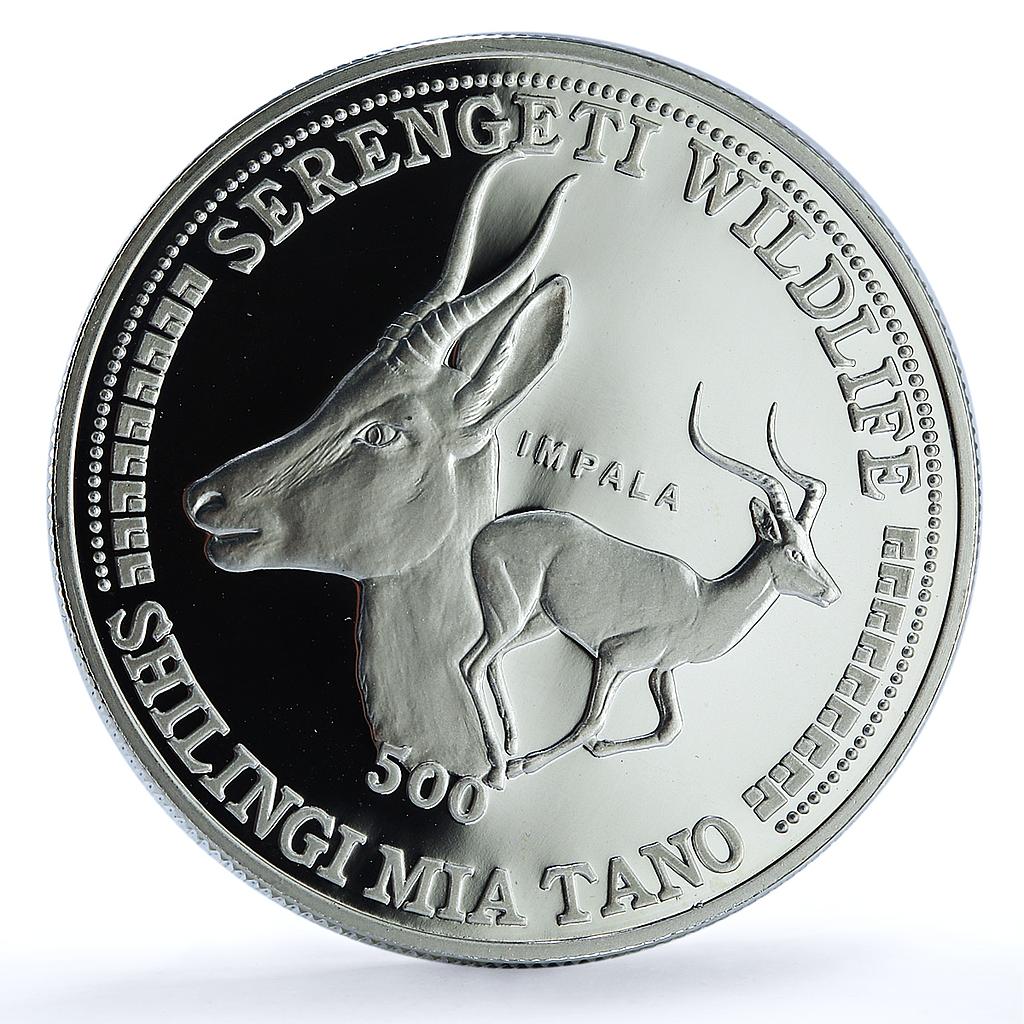 Tanzania 500 shilingi Impala Serengeti Wildlife Fauna Antelope silver coin 1998