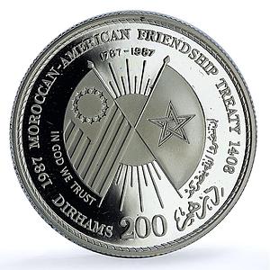 Morocco 200 dirhams American Friendship Treaty Y#81 Flags proof silver coin 1987
