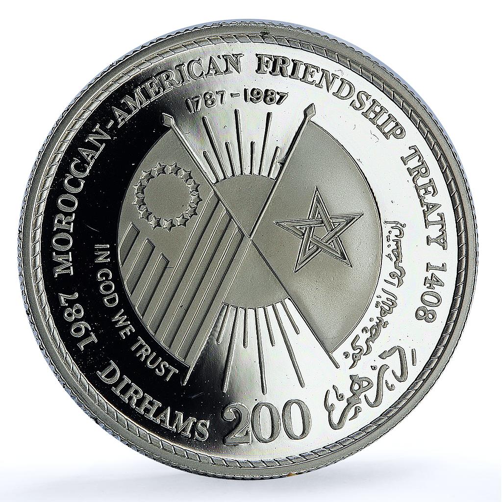 Morocco 200 dirhams American Friendship Treaty Y#81 Flags proof silver coin 1987 Morocco 200 dirhams American Friendship Treaty Y#81 Flags proof silver coin 1987