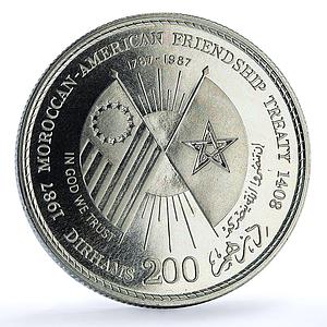 Morocco 200 dirhams American Friendship Treaty Y#81 Flags BU silver coin 1987