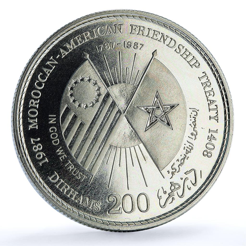 Morocco 200 dirhams American Friendship Treaty Y#81 Flags BU silver coin 1987 Morocco 200 dirhams American Friendship Treaty Y#81 Flags BU silver coin 1987