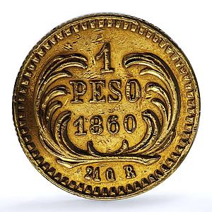 Guatemala 1 peso Republic KM-179 Rafael Carrera gold coin 1860 R