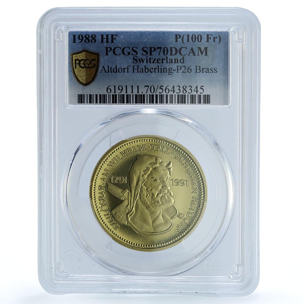 Switzerland 100 francs Altdorf Shooting Festival P-26 SP 70 PCGS brass coin 1988 Switzerland 100 francs Altdorf Shooting Festival P-26 SP 70 PCGS brass coin 1988