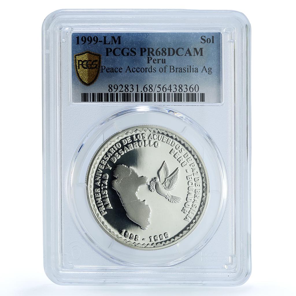 Peru 1 sol Peace Accords Brasilia KM-354 Dove Bird PR 68 PCGS silver coin 1999 Peru 1 sol Peace Accords Brasilia KM-354 Dove Bird PR 68 PCGS silver coin 1999