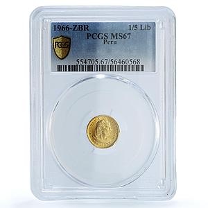 Peru 1/5 libra Republic Trade Coinage KM-210 Fr-75 MS 67 PCGS gold coin 1966 ZBR
