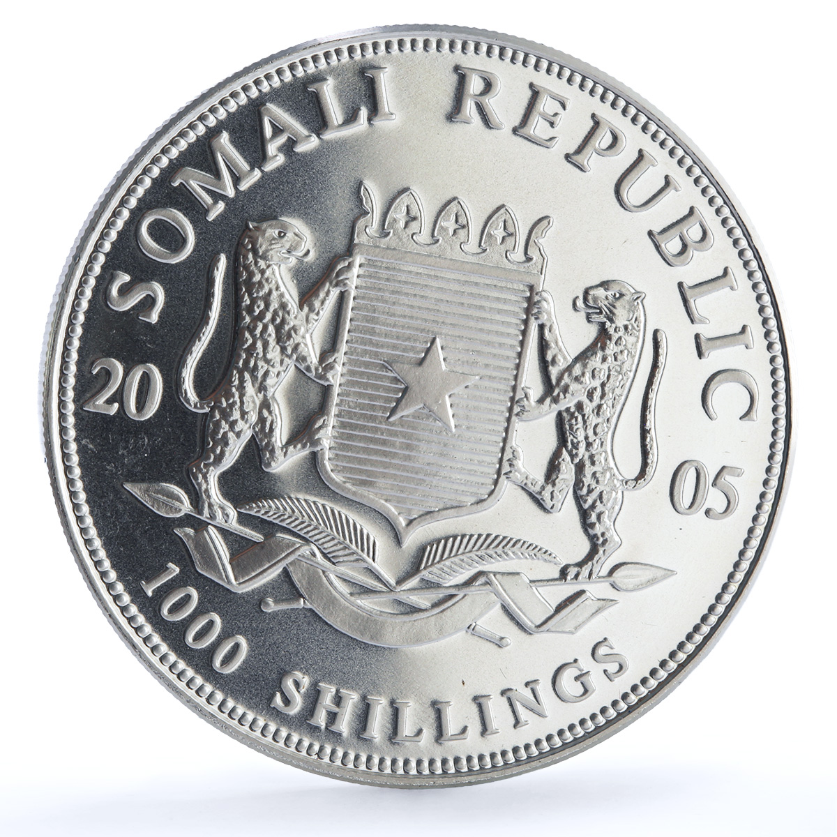Somalia 1000 shillings Elephant Coloured African Wildlife silver coin 2005