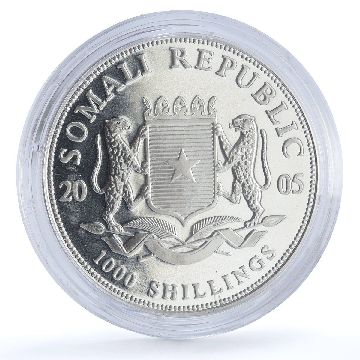 Somalia 1000 shillings Elephant Coloured African Wildlife silver coin 2005