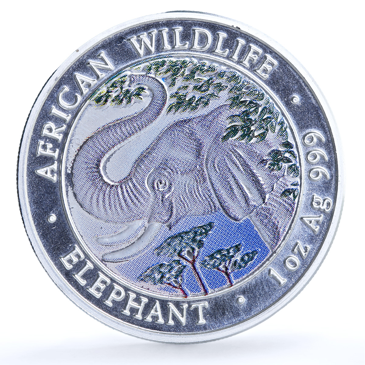 Somalia 1000 shillings Elephant Coloured African Wildlife silver coin 2005