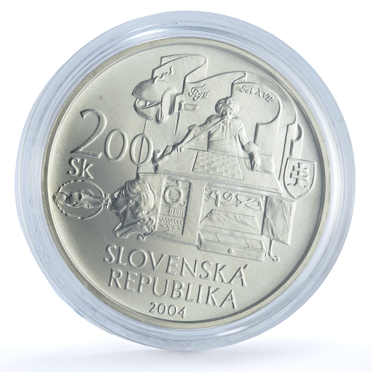 Slovakia 200 korun Wolfgang Kempelen Matte KM-75 Chess Machine silver coin 2004 Slovakia 200 korun Wolfgang Kempelen Matte KM-75 Chess Machine silver coin 2004